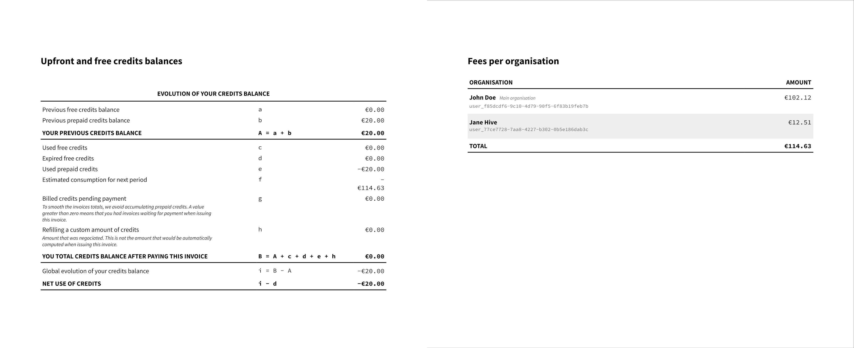 Invoice detail (left) and new sub-organisation summary (right)